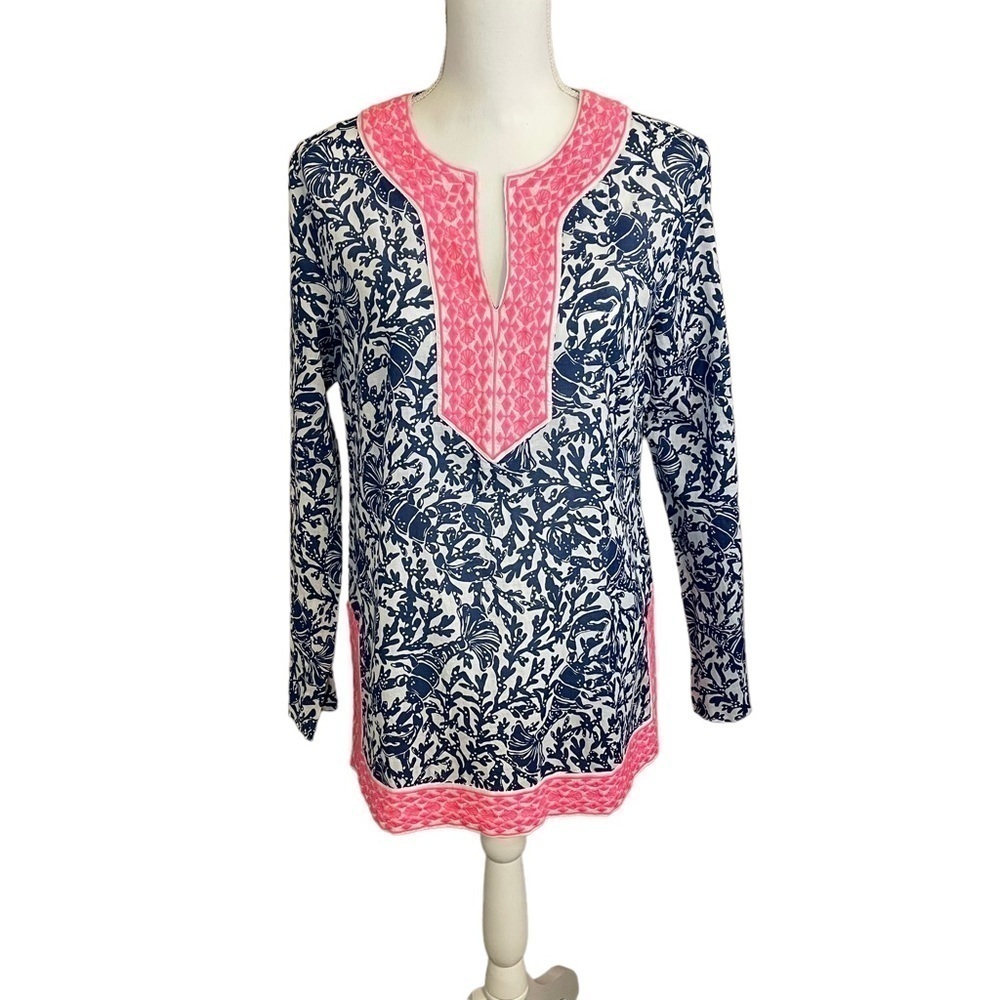 Lilly Pulitzer Krillin It Tunic Top Oyster Bay Blue Long Sleeve Size S